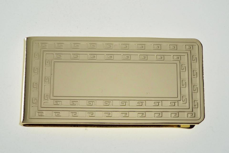 Custom Engraved Money Clip Personalized Gold Tone with Greek Key Design  -Hand Engraved