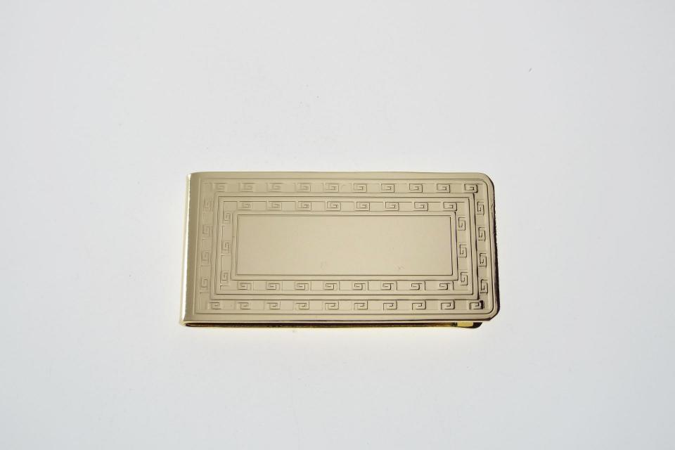 Custom Engraved Money Clip Personalized Gold Tone with Greek Key Design  -Hand Engraved