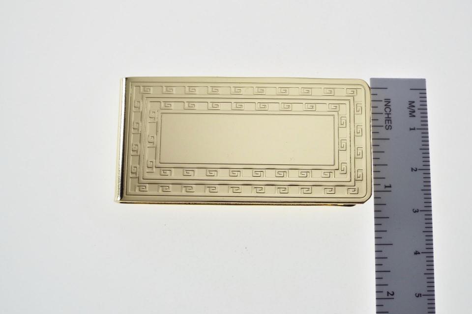 Custom Engraved Money Clip Personalized Gold Tone with Greek Key Design  -Hand Engraved