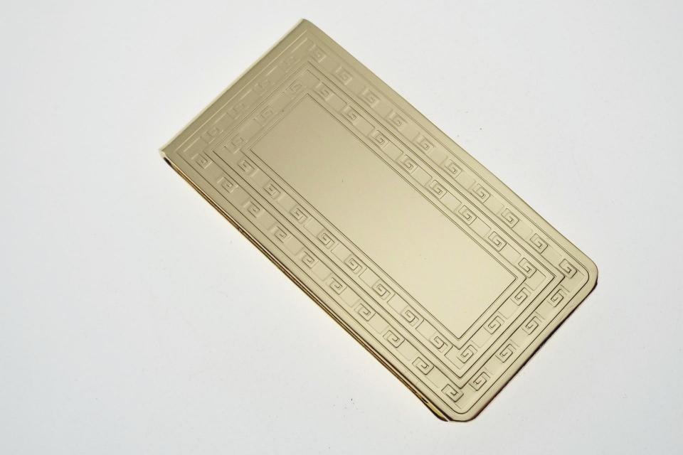 Custom Engraved Money Clip Personalized Gold Tone with Greek Key Design  -Hand Engraved