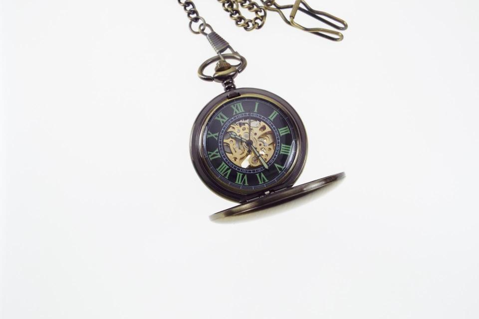 Custom Engraved Pocket Watch Vintage Look Bronze Color Mechanical Wind Up Skeleton Dial  - Hand Engraved