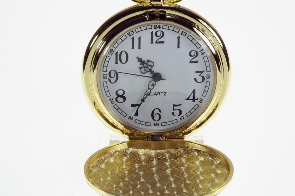 Pocket Watch Personalized Goldtone Quartz Watch with Vertical Stripes and Oval Crest - Hand Engraved