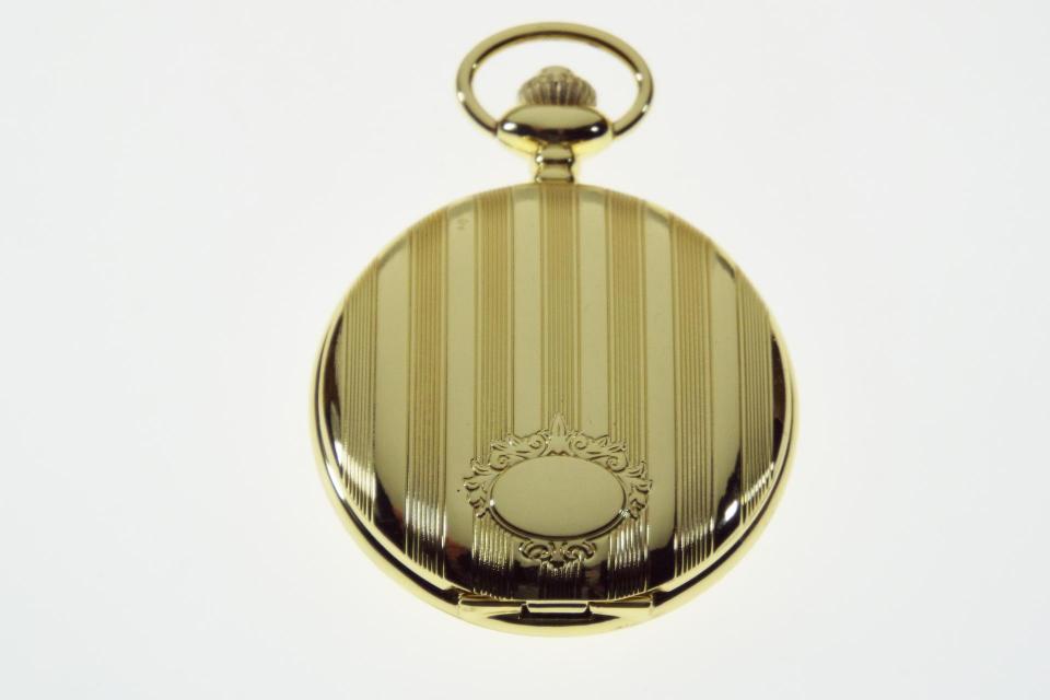 Pocket Watch Personalized Goldtone Quartz Watch with Vertical Stripes and Oval Crest - Hand Engraved