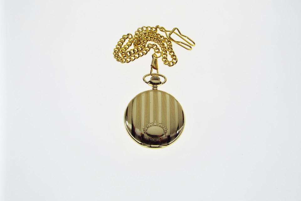 Pocket Watch Personalized Goldtone Quartz Watch with Vertical Stripes and Oval Crest - Hand Engraved