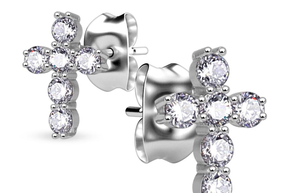 Sparkling Sterling Silver Cross Earrings Set with Round CZs