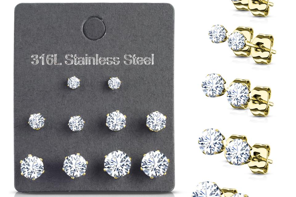 Yellow Gold Plated Stainless Steel Prong Set CZ Stud Earrings - Five Pair