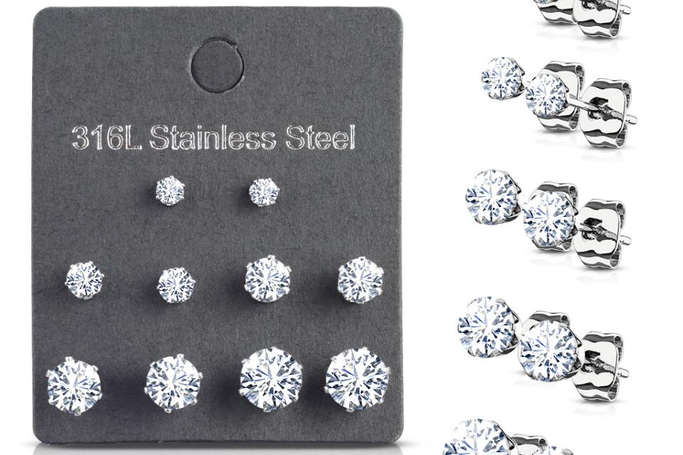 Stainless Steel Prong Set CZ Stud Earrings - Five Pair