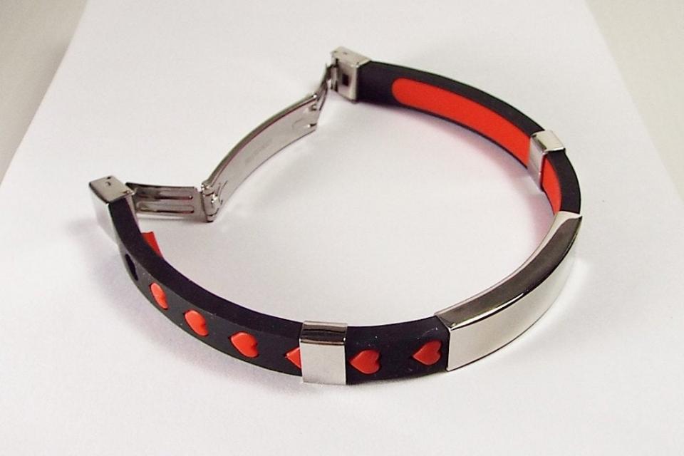 Personalized Jewelry Custom Engraved Black Silicone With Red Hearts Rubber and Stainless Steel ID Bracelet 8 Inch Length - Hand Engraved