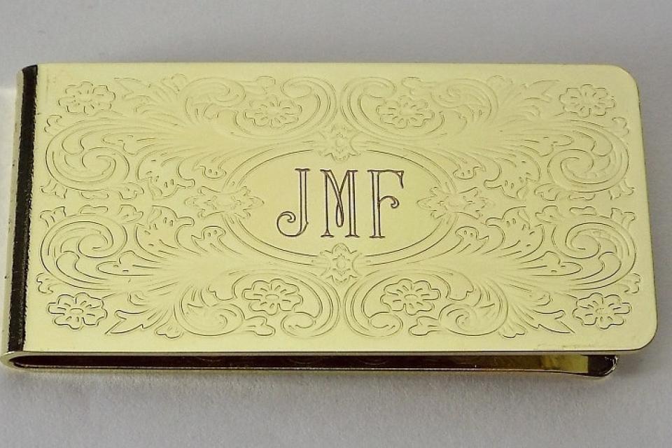 Custom Engraved Money Clip Personalized Gold Tone with Scroll Design  -Hand Engraved