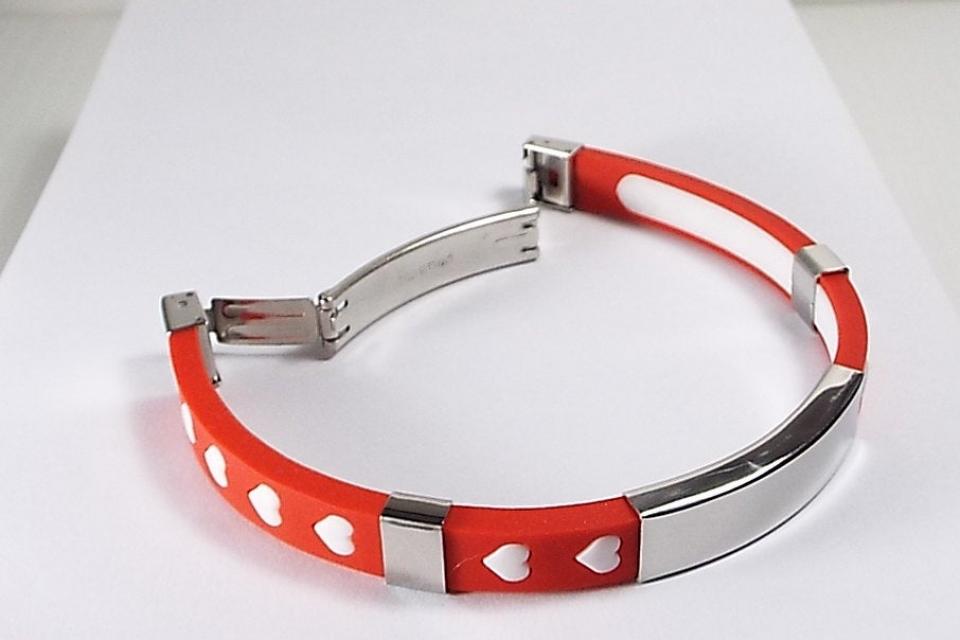 Personalized Jewelry Custom Engraved Red Silicone With White Hearts Rubber and Stainless Steel ID Bracelet 8 Inch Length  - Hand Engraved