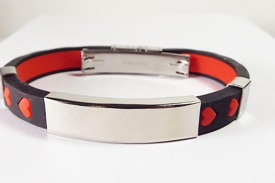 Personalized Jewelry Custom Engraved Black Silicone With Red Hearts Rubber and Stainless Steel ID Bracelet 8 Inch Length  - Hand Engraved