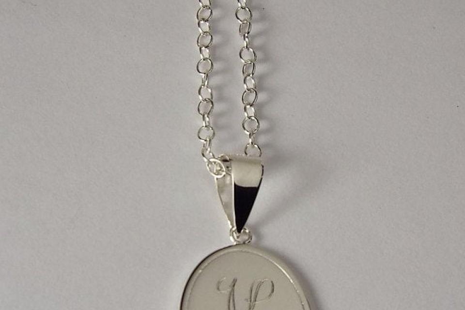 Initial Monogram Personalized Necklace Custom Engraved Sterling Silver Oval Charm Pendant - Hand Engraved