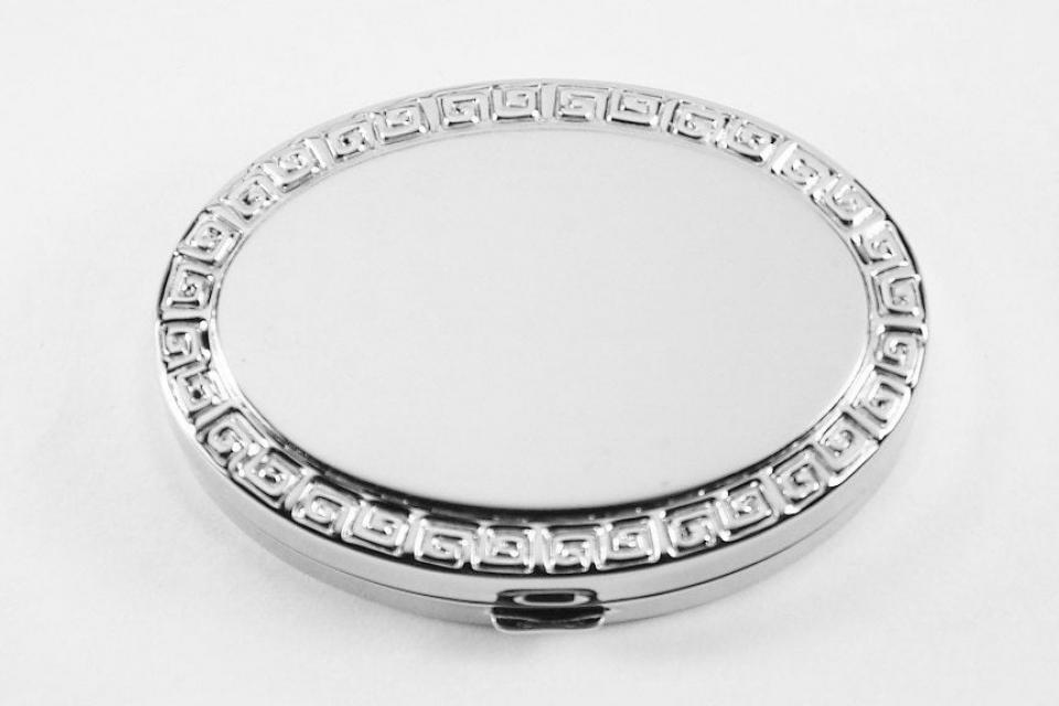 Custom Engraved Pill Box Personalized Silver Oval with Greek Key Design Mirror and Removable Divider  -Hand Engraved