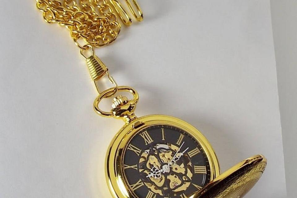 Pocket Watch Custom Engraved Gold Tone Mechanical Wind Up Pocket Watch with Front Shield and Skeleton Back - Hand Engraved