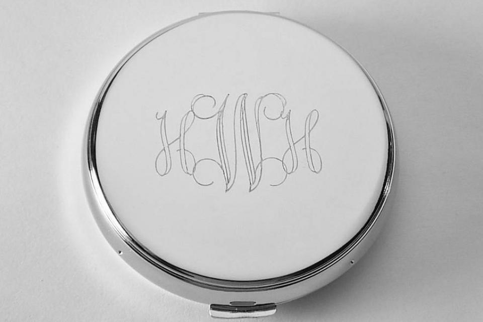 Custom Engraved Compact Mirror Personalized Non Tarnish Nickel Plated Flat Purse Mirror  - Hand Engraved