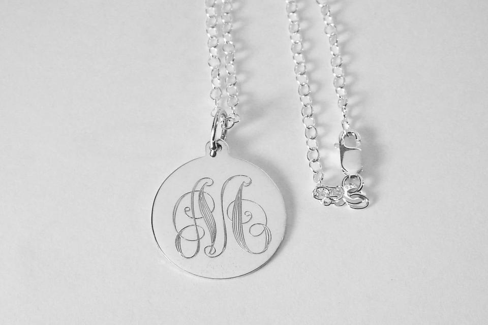 Personalized Jewelry Custom Engraved Sterling Silver Ornate Initial on Round Disc Necklace - Hand Engraved