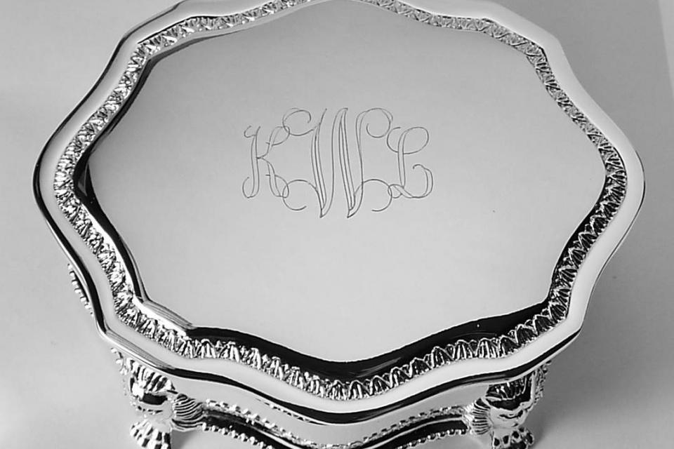 Custom Engraved Personalized Jewelry Box Silver Plated Victorian Design Footed Trinket Box - Hand Engraved