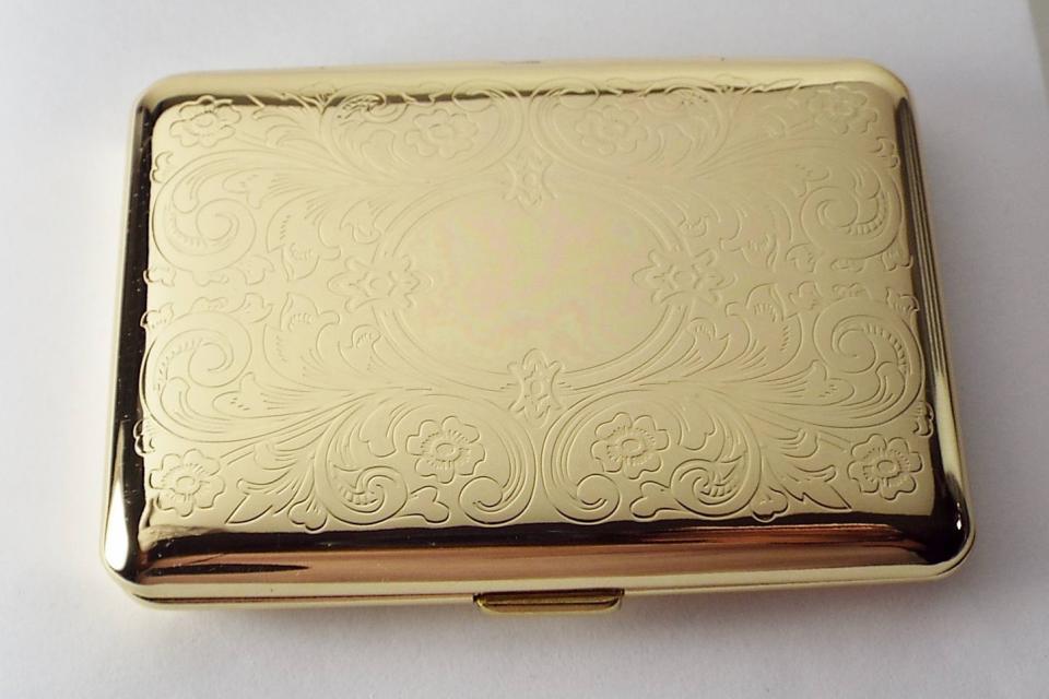 Personalized Custom Engraved Golden Business Card Case or Kings Cigarette Case Double Sided Scroll Design  -Hand Engraved