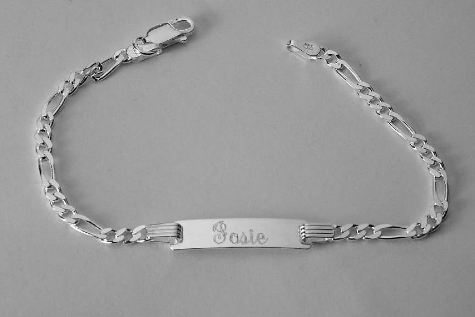 Custom Engraved Sterling Silver Childs ID Bracelet with Figaro Style Chain 6 Inch Length - Hand Engraved