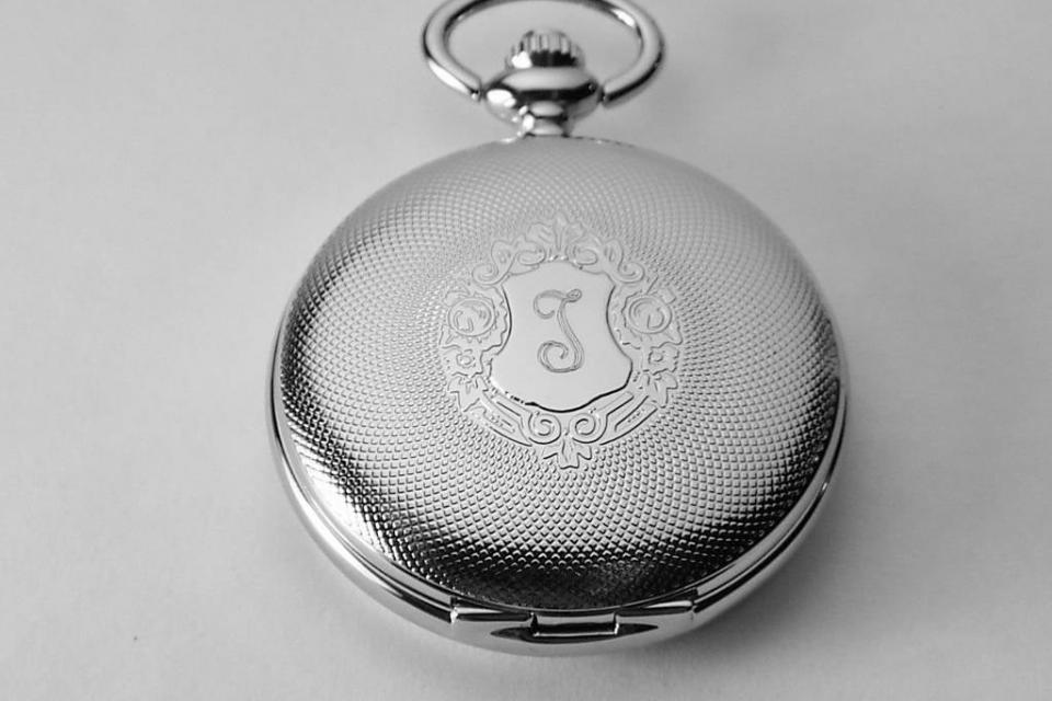 Pocket Watch Custom Engraved Mechanical Wind Up Pocket Watch with Front Shield and Skeleton Back and Dial - Hand Engraved