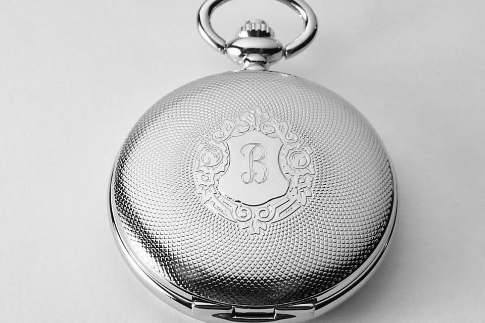 Pocket Watch Custom Engraved Mechanical Wind Up Pocket Watch with Front Shield and Skeleton Back and Dial - Hand Engraved