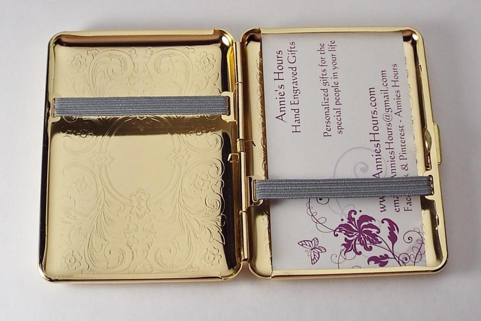 Personalized Custom Engraved Golden Business Card Case or Kings Cigarette Case Double Sided Scroll Design  -Hand Engraved