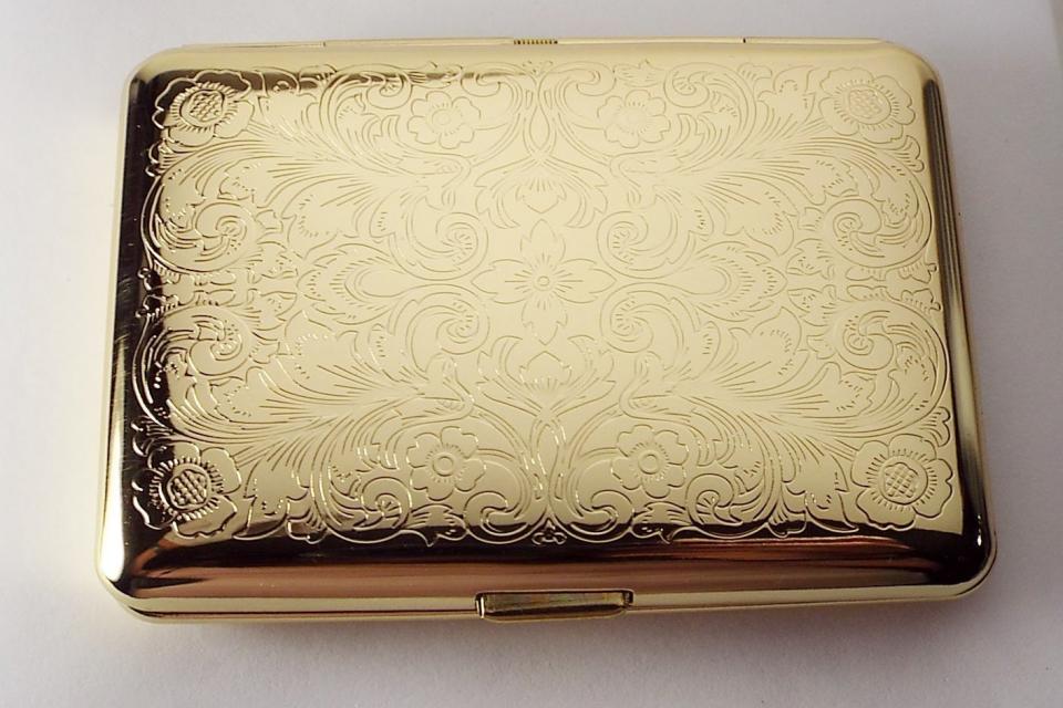 Personalized Custom Engraved Golden Business Card Case or Kings Cigarette Case Double Sided Scroll Design -Hand Engraved