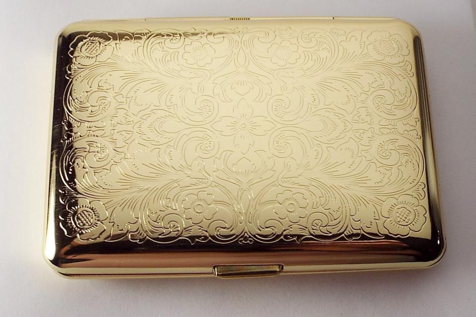 Personalized Custom Engraved Golden Business Card Case or Kings Cigarette Case Double Sided Scroll Design  -Hand Engraved