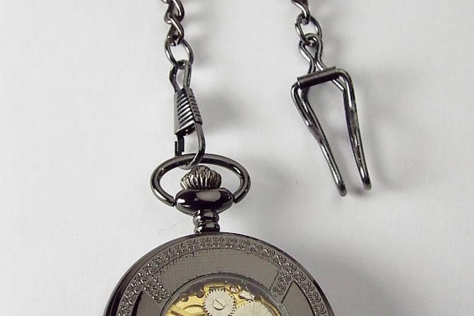 Pocket Watch Custom Engraved Black Mechanical Wind Up Pocket Watch with Front Shield and Skeleton Back - Hand Engraved