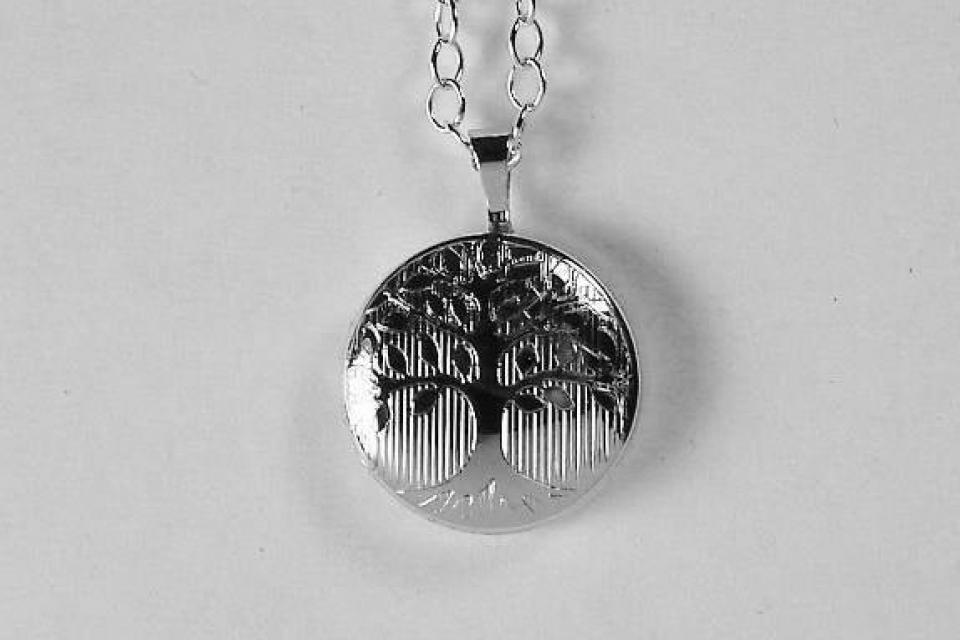 Engraved Sterling Silver Round Locket Tree of Life Design Personalized Hand Engraved
