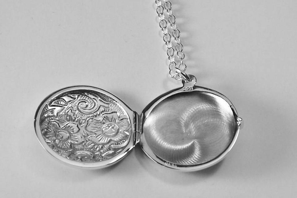 Engraved Sterling Silver Round Floral Design Locket One Inch on 18 inch Sterling Silver Chain Hand Engraved