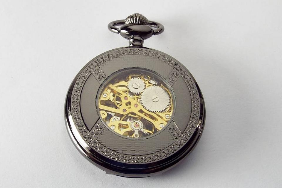 Pocket Watch Custom Engraved Black Mechanical Wind Up Pocket Watch with Front Shield and Skeleton Back - Hand Engraved