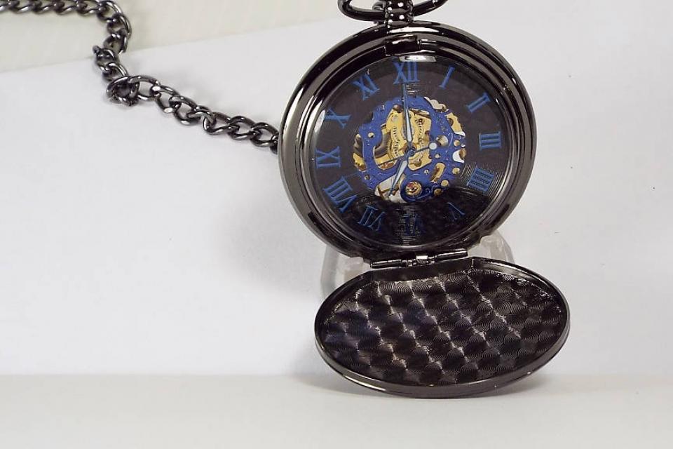 Pocket Watch Custom Engraved Black Mechanical Wind Up Pocket Watch with Front Shield and Skeleton Back - Hand Engraved