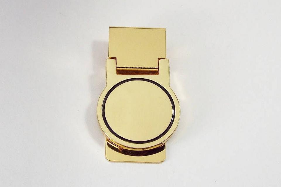 Custom Engraved Goldtone Money Clip Personalized Monogram Round Hinged -Hand Engraved