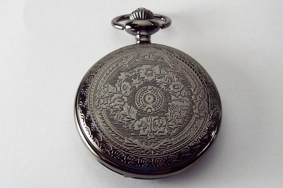 Personalized Pocket Watch Black Crest Cover Custom Engraved Quartz Battery Operated - Hand Engraved