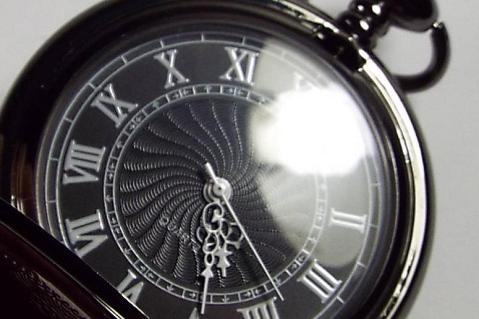 Personalized Pocket Watch Black Crest Cover Custom Engraved Quartz Battery Operated - Hand Engraved