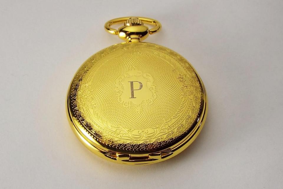 Pocket Watch Custom Engraved Gold Tone Mechanical Wind Up Pocket Watch with Front Shield and Skeleton Back - Hand Engraved