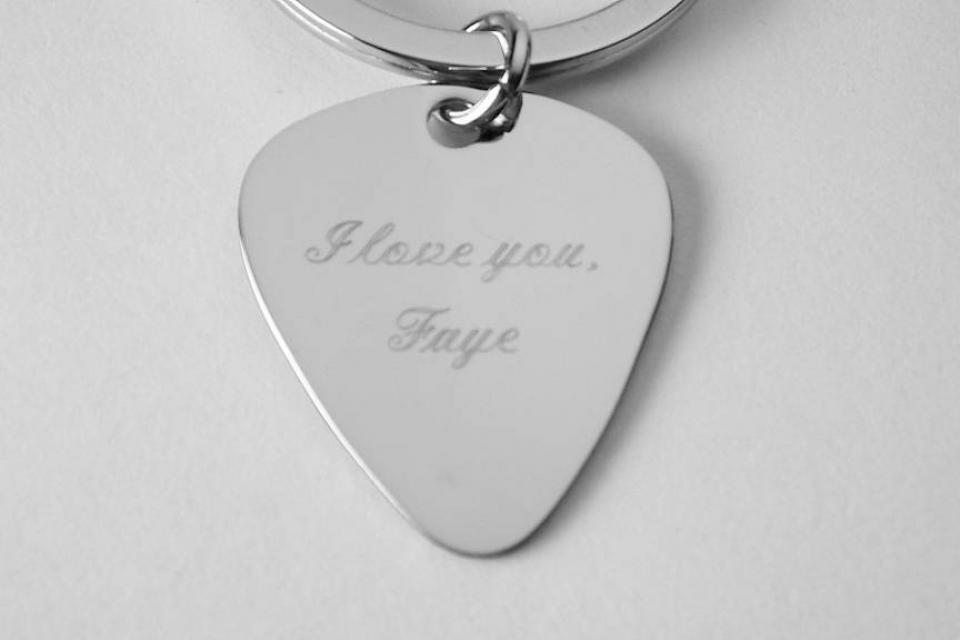Custom Engraved Personalized High Polish Guitar Pick Key chain - Hand Engraved