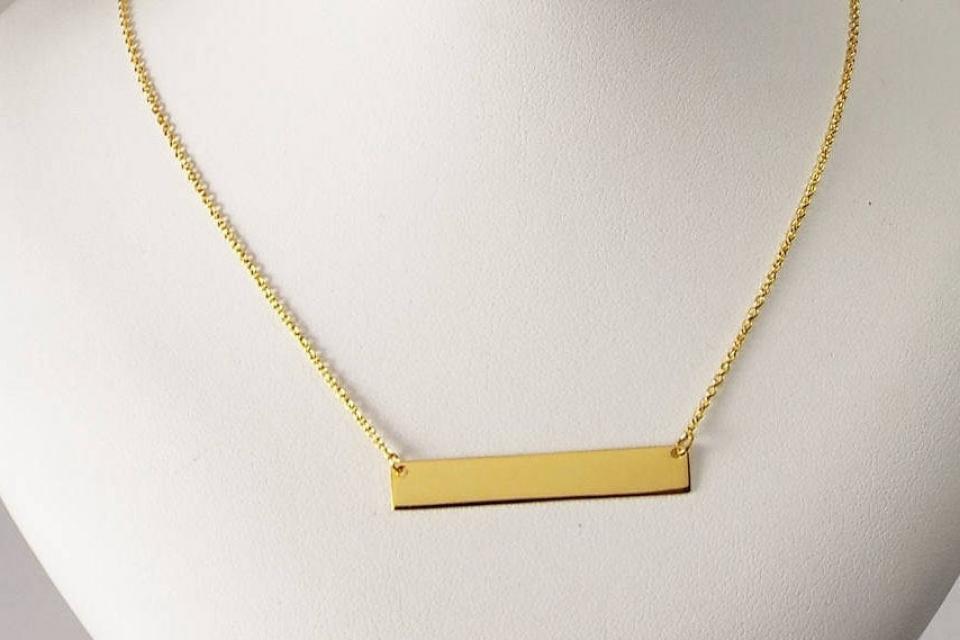Personalized Thin Bar 14K Gold Plated Sterling Silver Name Necklace Custom Engraved - Hand Engraved