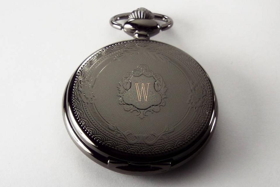 Personalized Pocket Watch Black Crest Cover Custom Engraved Quartz Battery Operated - Hand Engraved