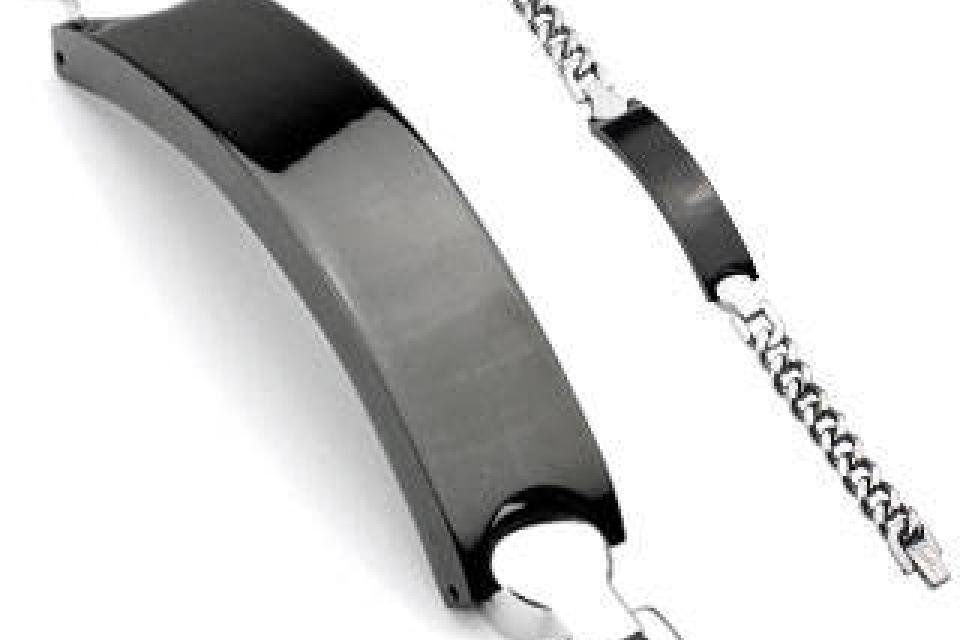 Engraved ID Bracelet Personalized Custom 8.25 Inch Solid Stainless Steel with Black ID Plate  - Hand Engraved