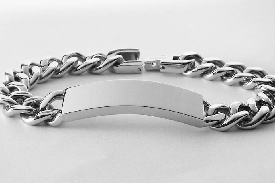 Personalized ID Bracelet Custom Engraved 8.5 Inch Solid Stainless Steel Designer ID Bracelet  - Hand Engraved