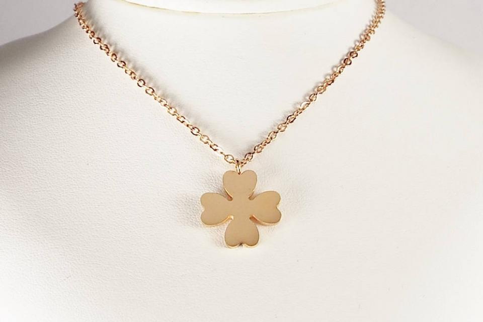 Personalized Four Leaf Clover Necklace Rose Gold Over Stainless Steel Custom Engraved - Hand Engraved
