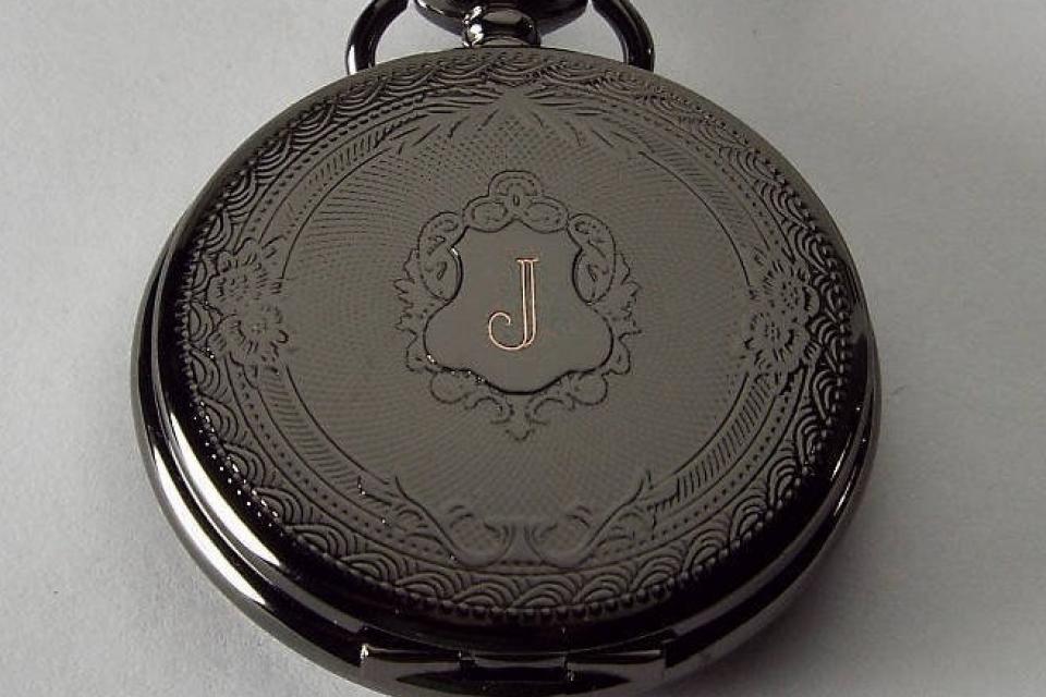 Personalized Pocket Watch Black Crest Cover Custom Engraved Quartz Battery Operated  - Hand Engraved