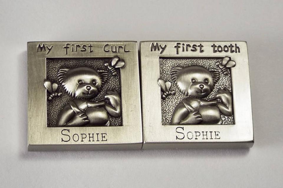 Baby Gift Custom Engraved Personalized Pewter Finish First Tooth and First Curl Keepsake Boxes  -  Hand Engraved