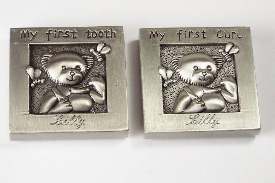 Baby Gift Custom Engraved Personalized Pewter Finish First Tooth and First Curl Keepsake Boxes - Hand Engraved
