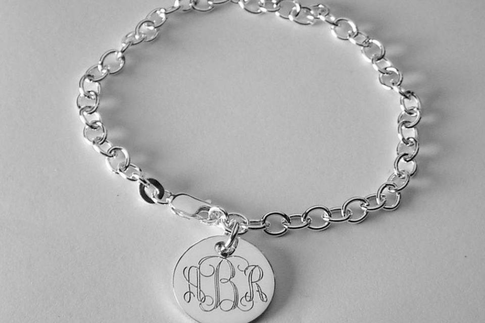 Custom Engraved Monogram or Initial Bracelet Personalized Sterling Silver Petite Round Disc 7 Inch Length  - Hand Engraved