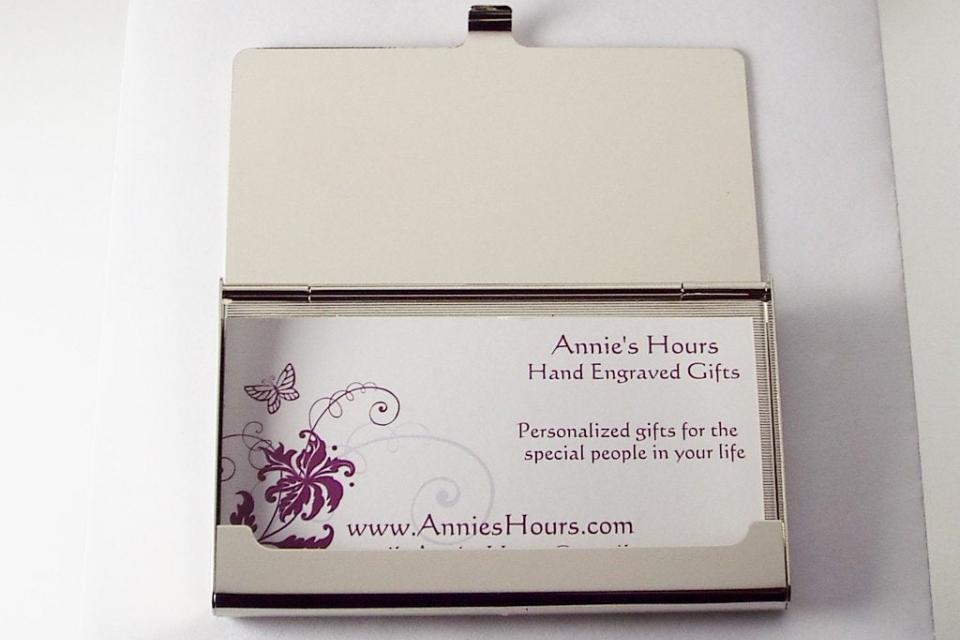 Custom Engraved Personalized High Polish Silver Business Card Holder -Hand Engraved