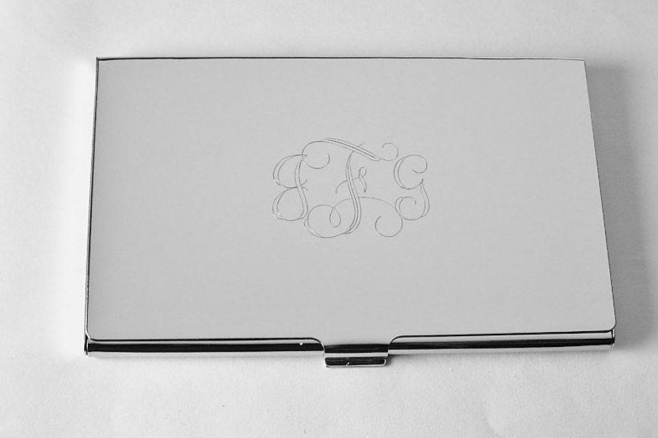 Custom Engraved Personalized High Polish Silver Business Card Holder -Hand Engraved