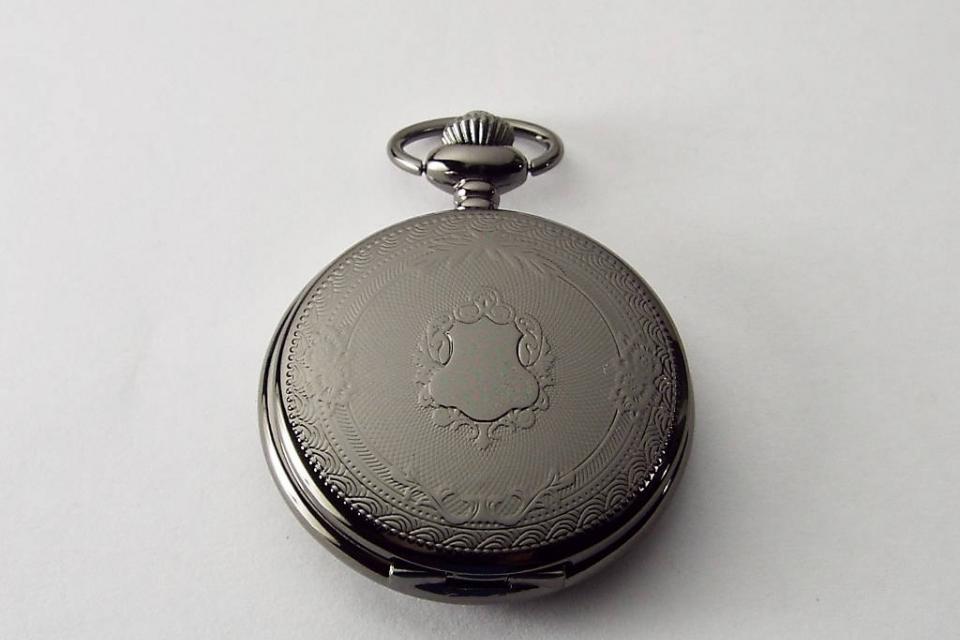 Personalized Pocket Watch Black Crest Cover Custom Engraved Quartz Battery Operated - Hand Engraved